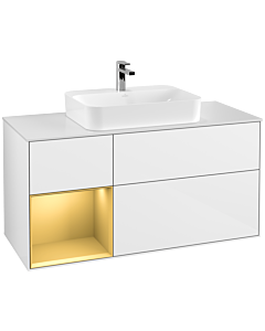 Villeroy und Boch Finion Waschtischunterschrank G411HFGF 120cm, Abdeckplatte white matt, Emotion, Regal links Gold matt, Glossy white lacquer