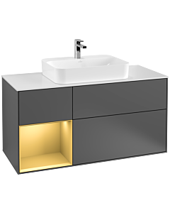 Villeroy und Boch Finion Waschtischunterschrank G411HFGK 120cm, Abdeckplatte white matt, Emotion, Regal links Gold matt, Anthracite matt