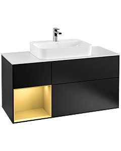 Villeroy und Boch Finion Villeroy und Boch G411HFPD 120cm, plaque de recouvrement blanc mat, Emotion, étagère gauche or mat, laqué noir mat