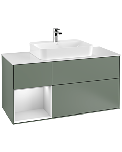 Villeroy und Boch Finion Villeroy und Boch G411MTGM 120cm, plaque de recouvrement blanc mat, Emotion, étagère gauche laqué blanc mat, Olive Matt Lacquer