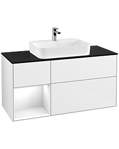 Villeroy und Boch Finion Villeroy und Boch G412GFGF 120cm, plaque de finition noir mat, Emotion, étagère gauche laqué blanc brillant, laqué blanc brillant