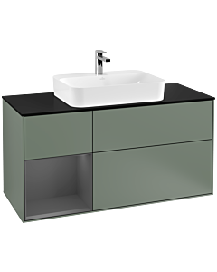 Villeroy und Boch Finion Waschtischunterschrank G412GKGM 120cm, Abdeckplatte black matt, Emotion, Regal links Anthracite matt, Olive Matt Lacquer