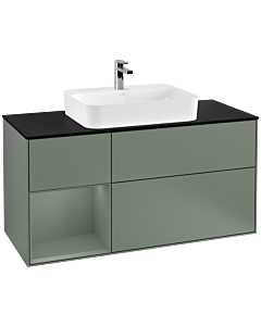 Villeroy und Boch Finion Waschtischunterschrank G412GMGM 120cm, Abdeckplatte black matt, Emotion, Regal links Olive Matt Lacquer, Olive Matt Lacquer