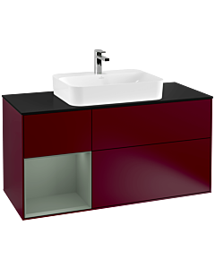 Villeroy und Boch Finion Waschtischunterschrank G412GMHB 120cm, Abdeckplatte black matt, Emotion, Regal links Olive Matt Lacquer, Peony Matt