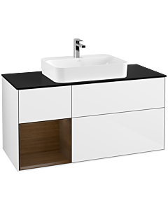 Villeroy und Boch Finion Waschtischunterschrank G412GNGF 120cm, Abdeckplatte black matt, Emotion, Regal links Walnut veneer, Glossy white lacquer