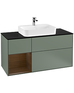 Villeroy und Boch Finion Waschtischunterschrank G412GNGM 120cm, Abdeckplatte black matt, Emotion, Regal links Walnut veneer, Olive Matt Lacquer