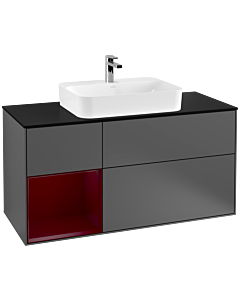 Villeroy und Boch Finion Waschtischunterschrank G412HBGK 120cm, Abdeckplatte black matt, Emotion, Regal links Peony, Anthracite matt