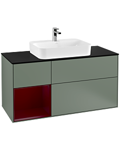 Villeroy und Boch Finion Waschtischunterschrank G412HBGM 120cm, Abdeckplatte black matt, Emotion, Regal links Peony, Olive Matt Lacquer