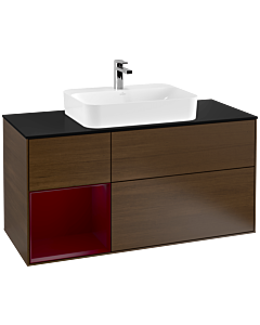 Villeroy und Boch Finion Waschtischunterschrank G412HBGN 120cm, Abdeckplatte black matt, Emotion, Regal links Peony, Walnut veneer