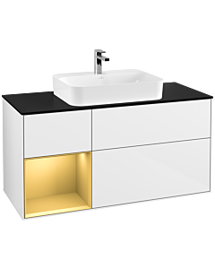 Villeroy und Boch Finion Waschtischunterschrank G412HFGF 120cm, Abdeckplatte black matt, Emotion, Regal links Gold matt, Glossy white lacquer