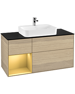 Villeroy und Boch Finion Waschtischunterschrank G412HFPC 120cm, Abdeckplatte black matt, Emotion, Regal links Gold matt, Oak Veneer