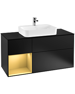 Villeroy und Boch Finion Waschtischunterschrank G412HFPD 120cm, Abdeckplatte black matt, Emotion, Regal links Gold matt, Black matt lacquer