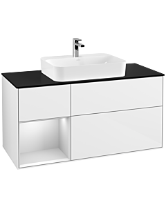 Villeroy und Boch Finion Waschtischunterschrank G412MTGF 120cm, Abdeckplatte black matt, Emotion, Regal links White matt lacquer, Glossy white lacquer