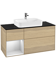 Villeroy und Boch Finion Waschtischunterschrank G412MTPC 120cm, Abdeckplatte black matt, Emotion, Regal links White matt lacquer, Oak Veneer