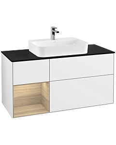 Villeroy und Boch Finion Waschtischunterschrank G412PCGF 120cm, Abdeckplatte black matt, Emotion, Regal links Oak Veneer, Glossy white lacquer