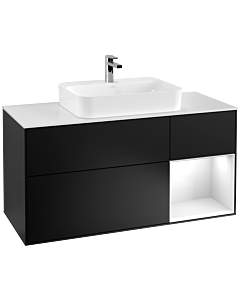 Villeroy und Boch Finion Waschtischunterschrank G421GFPD 120cm, Abdeckplatte white matt, Emotion, Regal rechts Glossy white, Black matt lacquer