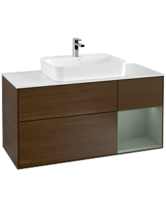 Villeroy und Boch Finion Waschtischunterschrank G421GMGN 120cm, Abdeckplatte white matt, Emotion, Regal rechts Olive matt, Walnut veneer