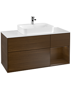 Villeroy und Boch Finion Waschtischunterschrank G421GNGN 120cm, Abdeckplatte white matt, Emotion, Regal rechts Walnut veneer, Walnut veneer
