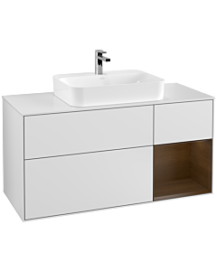 Villeroy und Boch Finion Waschtischunterschrank G421GNMT 120cm, Abdeckplatte white matt, Emotion, Regal rechts Walnut veneer, White matt lacquer