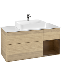 Villeroy und Boch Finion Waschtischunterschrank G421GNPC 120cm, Abdeckplatte white matt, Emotion, Regal rechts Walnut veneer, Oak Veneer