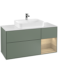Villeroy und Boch Finion Waschtischunterschrank G421PCGM 120cm, Abdeckplatte white matt, Emotion, Regal rechts Oak veneer, Olive Matt Lacquer