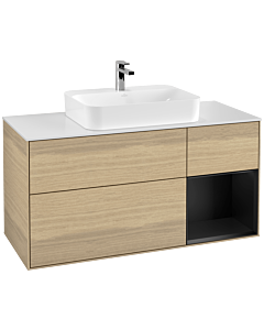 Villeroy und Boch Finion Waschtischunterschrank G421PDPC 120cm, Abdeckplatte white matt, Emotion, Regal rechts Black matt, Oak Veneer