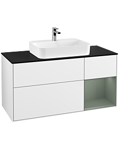 Villeroy und Boch Finion Waschtischunterschrank G422GMGF 120cm, Abdeckplatte black matt, Emotion, Regal rechts Olive matt, Glossy white lacquer