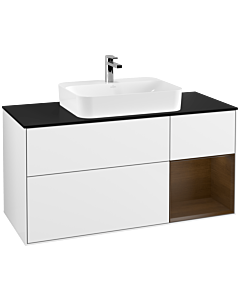Villeroy und Boch Finion Waschtischunterschrank G422GNGF 120cm, Abdeckplatte black matt, Emotion, Regal rechts Walnut veneer, Glossy white lacquer
