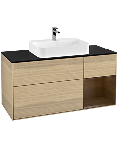 Villeroy und Boch Finion Waschtischunterschrank G422GNPC 120cm, Abdeckplatte black matt, Emotion, Regal rechts Walnut veneer, Oak Veneer