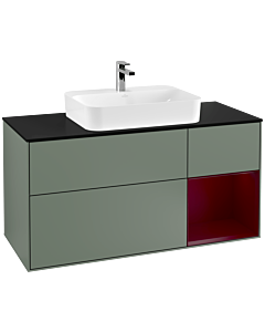 Villeroy und Boch Finion Waschtischunterschrank G422HBGM 120cm, Abdeckplatte black matt, Emotion, Regal rechts Peony matt, Olive Matt Lacquer