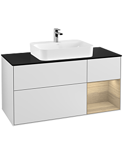 Villeroy und Boch Finion Waschtischunterschrank G422PCMT 120cm, Abdeckplatte black matt, Emotion, Regal rechts Oak veneer, White matt lacquer