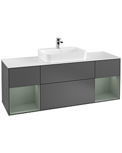 Villeroy und Boch Finion Waschtischunterschrank G451GMGK 160cm, Abdeckplatte white matt, Emotion, Regale Olive matt lacquer, Anthracite matt