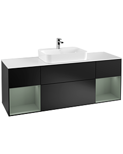 Villeroy und Boch Finion Villeroy und Boch G451GMPD 160cm, plaque de recouvrement blanc mat, Emotion, étagères laqué olive mat, laqué noir mat