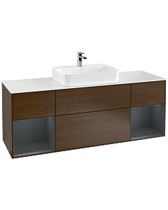 Villeroy und Boch Finion Waschtischunterschrank G451HGGN 160cm, Abdeckplatte white matt, Emotion, Regale Midnight matt lacquer, Walnut veneer