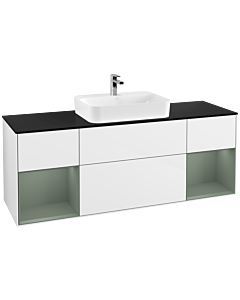 Villeroy und Boch Finion Waschtischunterschrank G452GMGF 160cm, Abdeckplatte black matt, Emotion, Regale Olive matt lacquer, Glossy white lacquer