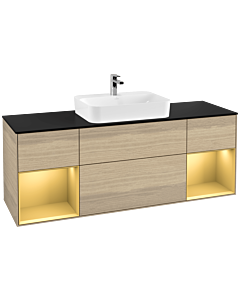 Villeroy und Boch Finion Waschtischunterschrank G452HFPC 160cm, Abdeckplatte black matt, Emotion, Regale Gold matt lacquer, Oak Veneer