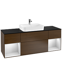 Villeroy und Boch Finion Waschtischunterschrank G452MTGN 160cm, Abdeckplatte black matt, Emotion, Regale White matt lacquer, Walnut veneer
