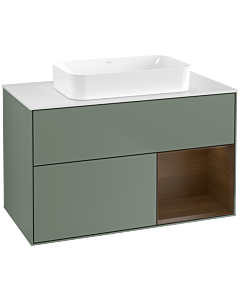 Villeroy und Boch Finion Waschtischunterschrank G661GNGM 100x60,3x50,1cm, Regal rechts Walnut veneer, Olive Matt Lacquer