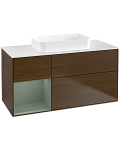 Villeroy und Boch Finion Waschtischunterschrank G701GMGN 120x60,3x50,1cm, Regal rechts Olive Matt Lacquer, Walnut veneer