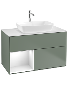 Villeroy und Boch Finion Waschtischunterschrank G771GFGM 100cm, Abdeckplatte white matt, Emotion, Regale Glossy white lacquer, Olive Matt Lacquer