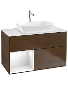 Villeroy und Boch Finion Waschtischunterschrank G771GFGN 100cm, Abdeckplatte white matt, Emotion, Regale Glossy white lacquer, Walnut veneer