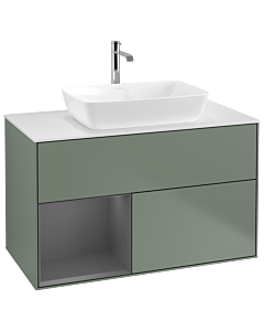 Villeroy und Boch Finion Waschtischunterschrank G771GKGM 100cm, Abdeckplatte white matt, Emotion, Regale Anthracite matt lacquer, Olive Matt Lacquer