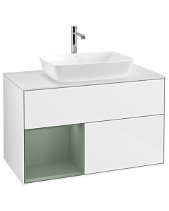 Villeroy und Boch Finion Villeroy und Boch G771GMGF 100cm, plaque de finition blanc mat, Emotion, étagères laqué olive mat, laqué blanc brillant