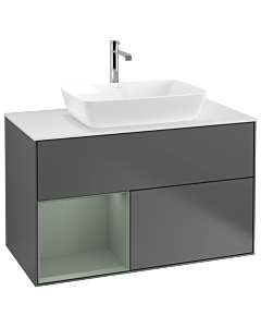 Villeroy und Boch Finion Waschtischunterschrank G771GMGK 100cm, Abdeckplatte white matt, Emotion, Regale Olive matt lacquer, Anthracite matt
