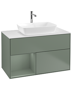 Villeroy und Boch Finion Villeroy und Boch G771GMGM 100cm, plaque de finition blanc mat, Emotion, étagères olive laqué mat, Olive Matt Lacquer