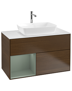 Villeroy und Boch Finion Waschtischunterschrank G771GMGN 100cm, Abdeckplatte white matt, Emotion, Regale Olive matt lacquer, Walnut veneer