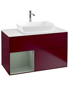 Villeroy und Boch Finion Waschtischunterschrank G771GMHB 100cm, Abdeckplatte white matt, Emotion, Regale Olive matt lacquer, Peony Matt