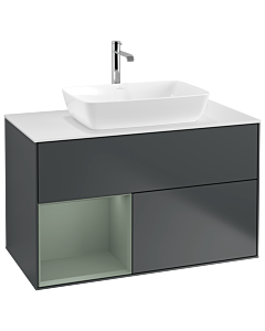 Villeroy und Boch Finion Villeroy und Boch G771GMHG 100cm, plaque de finition blanc mat, Emotion, étagères olive laqué mat, Midnight Blue Matt Lacquer