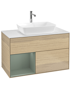 Villeroy und Boch Finion Waschtischunterschrank G771GMPC 100cm, Abdeckplatte white matt, Emotion, Regale Olive matt lacquer, Oak Veneer