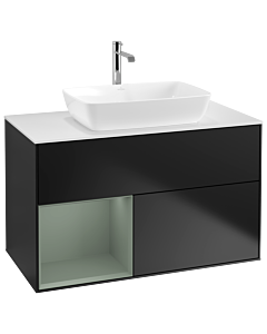 Villeroy und Boch Finion Waschtischunterschrank G771GMPD 100cm, Abdeckplatte white matt, Emotion, Regale Olive matt lacquer, Black matt lacquer